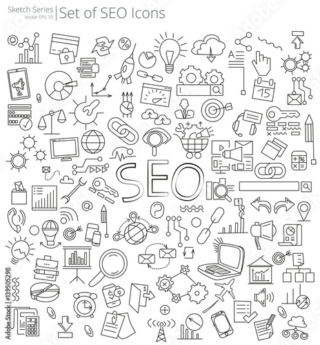 Hand Drawn SEO icons. Vector Illustration of large set of Social Media icons and doodles. Hand Drawn Sketch Style.