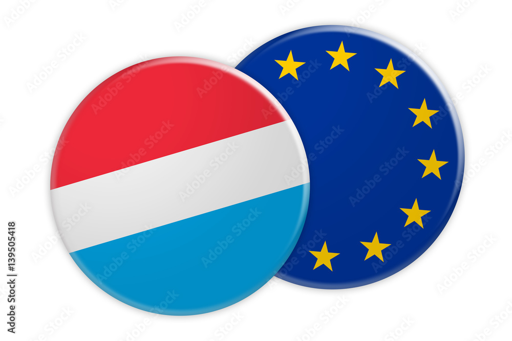 Politics News Concept: Luxembourg Flag Button On EU Flag Button, 3d illustration on white background Politics News Concept: Luxembourg Flag Button On EU Flag Button, 3d illustration on white background