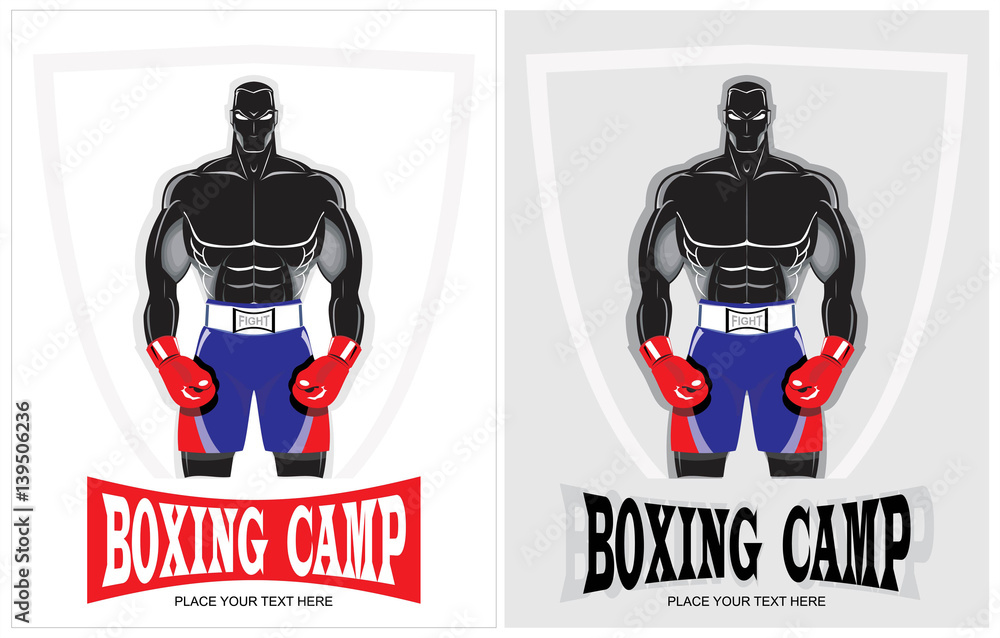 Muscular man with gloves and shield icon at the background, ready to fight. Suitable for Boxing club icon, fight club sport,  Boxing camp identity, mascot, boxing tournament, fighting tournament, etc.