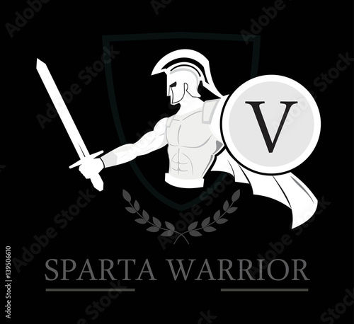 sparta. warrior. Spartan Warrior holding shield and sword over the shield icon and  laurel wreath