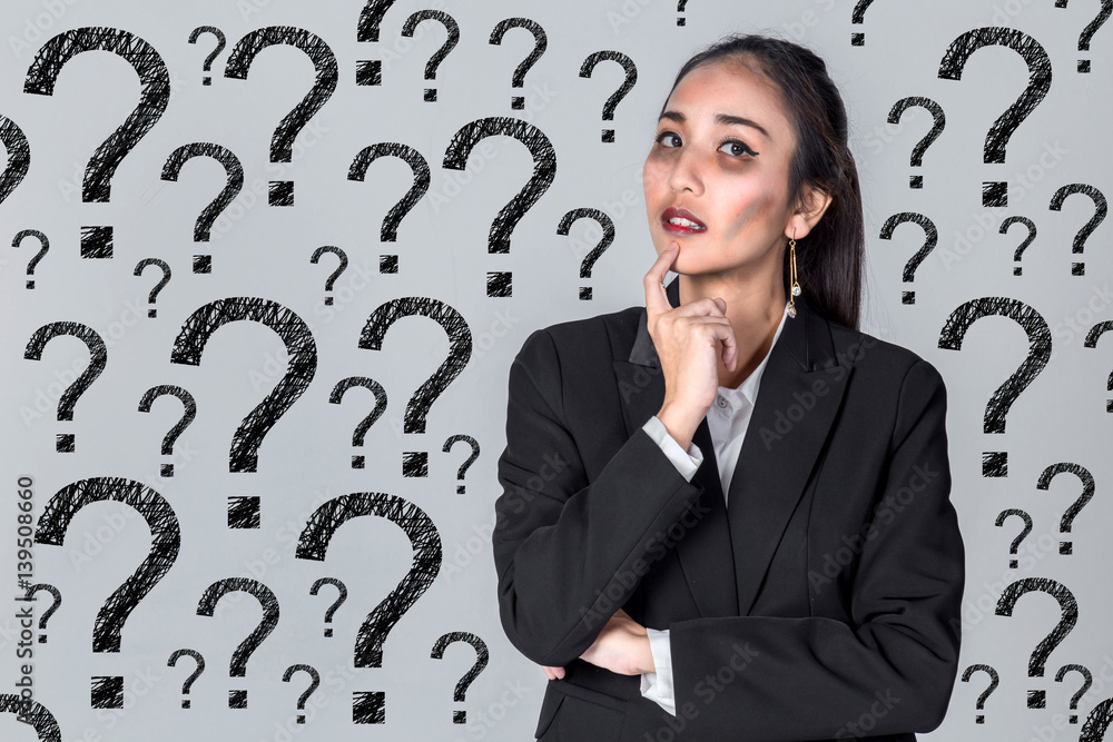 confused business girl with bad face and question mark symbol background confused business girl with bad face and question mark symbol background