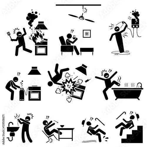 Safety hazard at home. Dangerous appliances and potential risks inside the house. Accident, mishap, and injuries at kitchen, bathroom, and other places in the house. Illustration in stick figures.