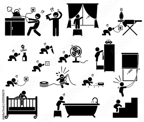 Safety hazard at home for children. Potential risks and dangerous hazard inside house that can cause serious accident, injury, and harm to baby and toddler. Illustration designed in stick figures.