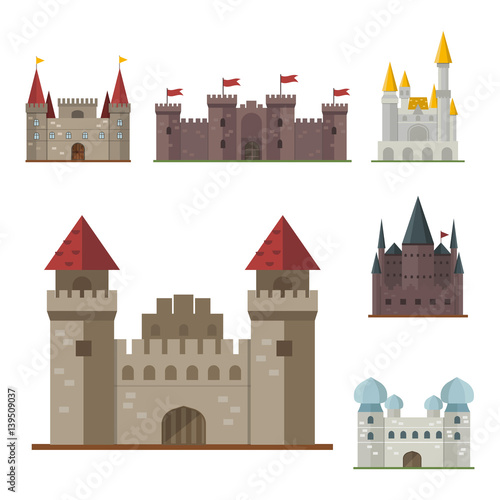 Cartoon fairy tale castle tower icon cute architecture fantasy house fairytale medieval and princess stronghold design fable isolated vector illustration.