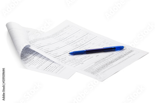 Blue color pen on form document isolated on white background with clipping path. ready to use.