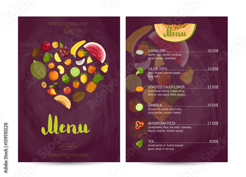 Vegan cafe food menu design vector illustration. Vegetarian restaurant menu, price catalog vegan nutrition, organic food shop, healthy diet retail. Purple menu card template with fruit elements