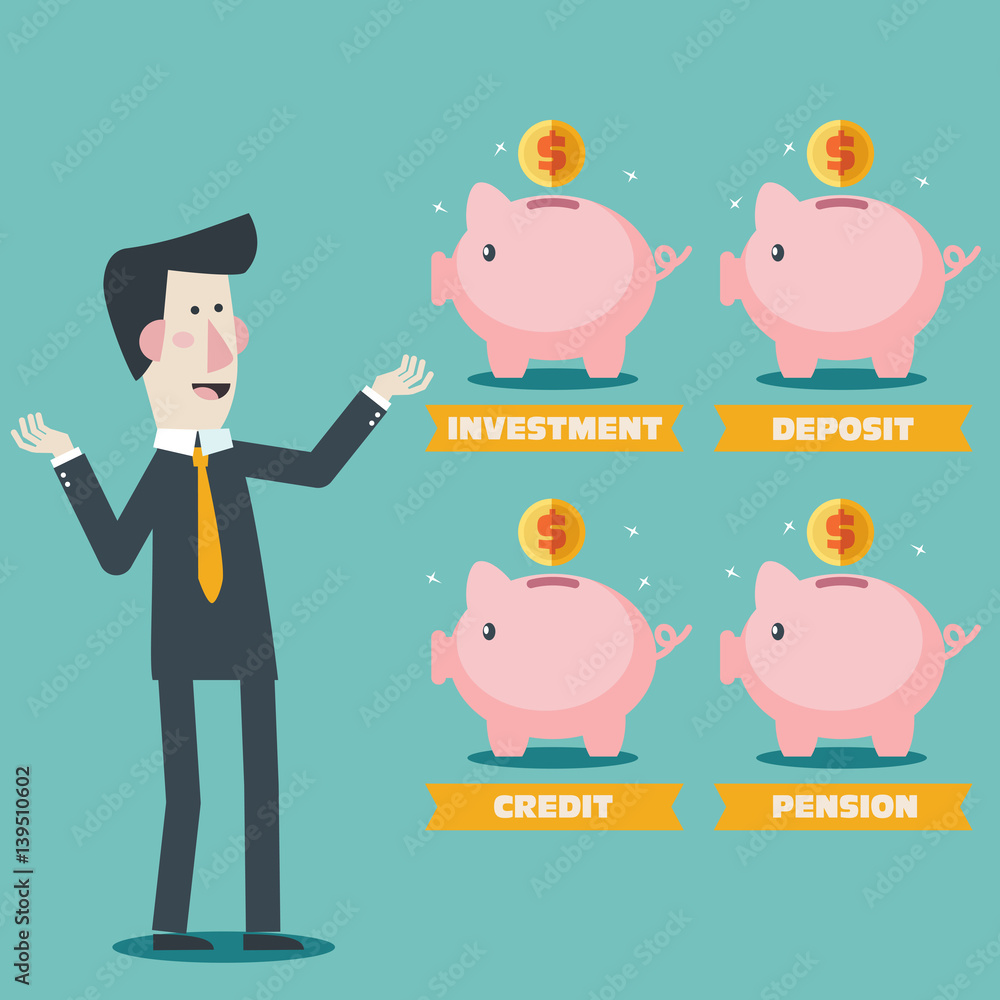 Businessman with Piggy bank. Saving and investing money concept