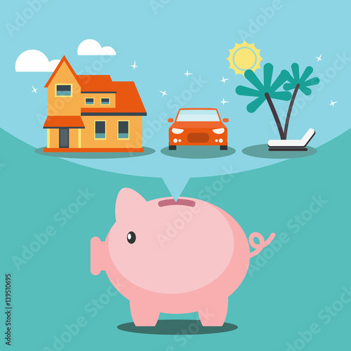 Piggy bank dreaming house, car and holiday. Saving and investing money concept. Future financial planning concept