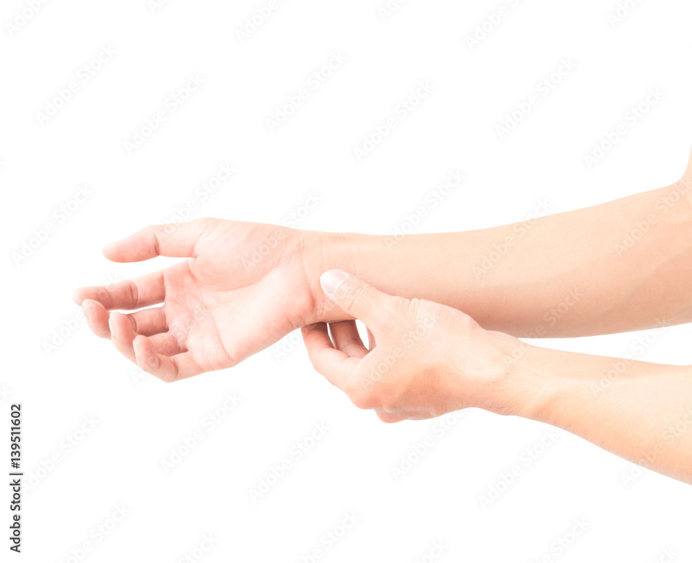 Man with hand pain on white background, health care and medical concept