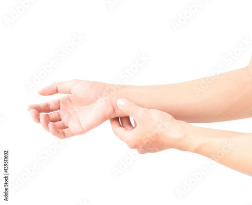 Man with hand pain on white background, health care and medical concept