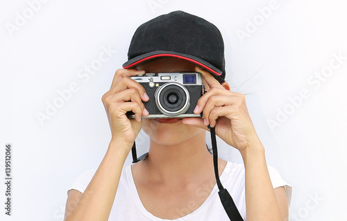 Close up asian women was being photographed on white background