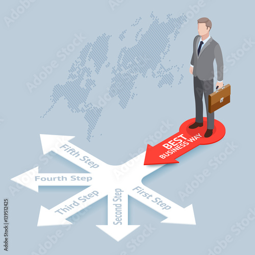 Best business way isometric concept design. Businessman standing at the crossroad way and thinking to go a way better choice. Vector illustrations.