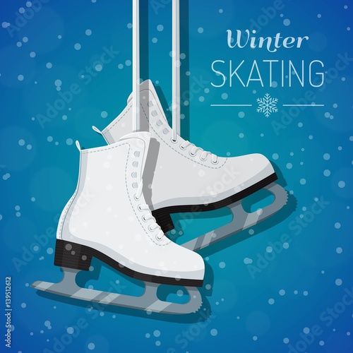 Vector illustration of white ice skates on winter background