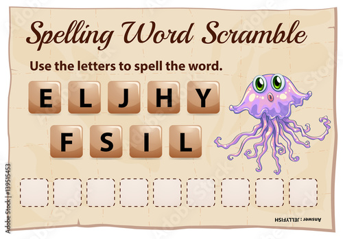 Spelling word scramble game with word jellyfish