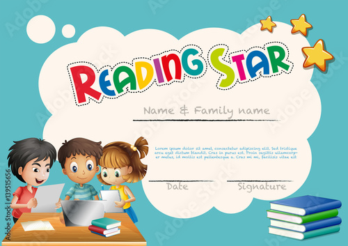 Reading star award template with children background