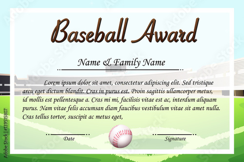 Certificate template for baseball award