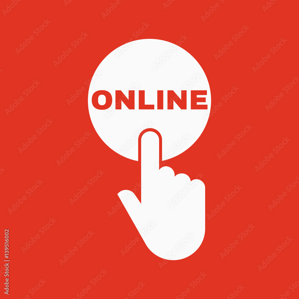 Hand pressing a button with the text ONLINE icon. Communication, internet, webinar symbol. Flat design. Stock - Vector illustration Hand pressing a button with the text ONLINE icon. Communication, internet, webinar symbol. Flat design. Stock - Vector illustration