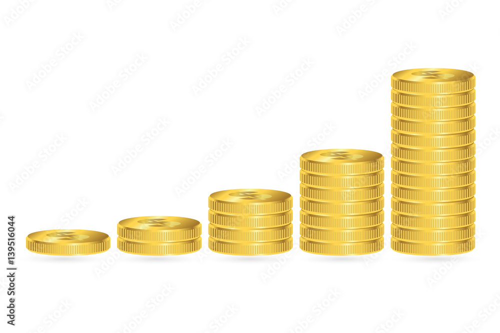 Increasing piles of coins, financial growth concept. Vector illustration. Increasing piles of coins, financial growth concept. Vector illustration.