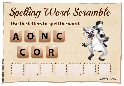 Spelling word scramble for word raccoon