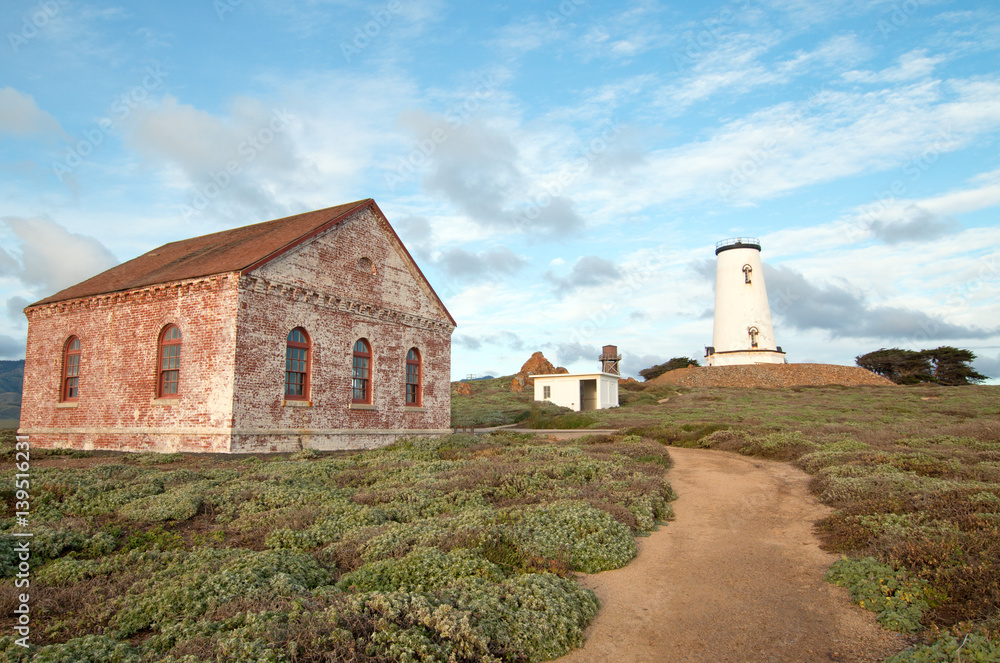 Pathway by Red Brick Fog Signal Building at the Piedras Blancas Lighthouse on the Central California Coast USA