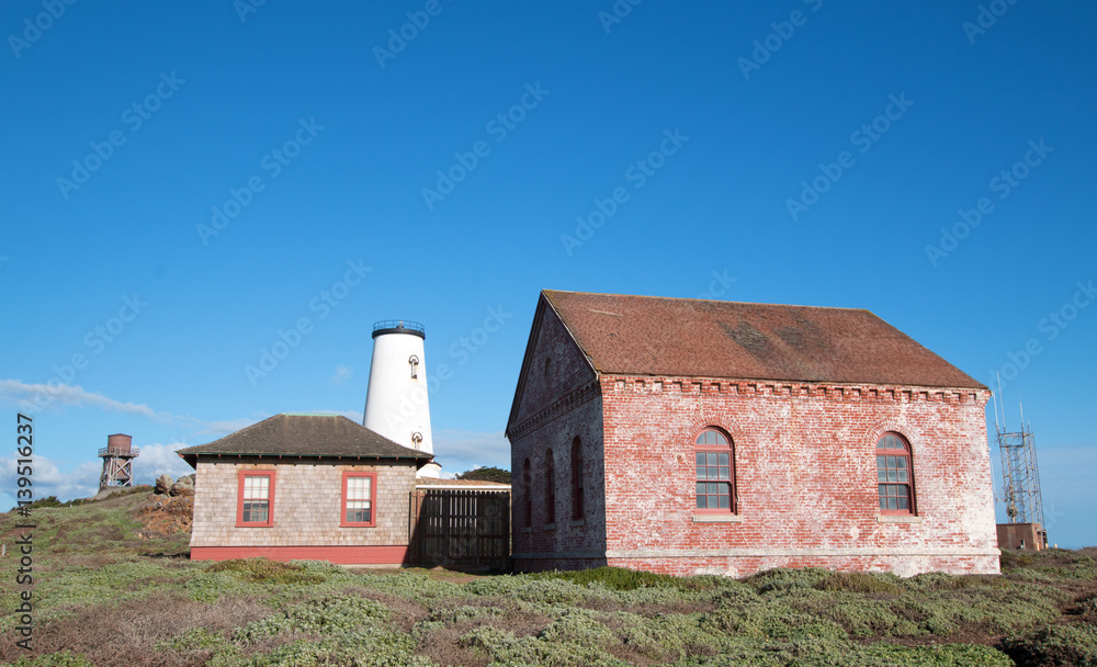 Red Brick Fog Signal Building at the Piedras Blancas Lighthouse on the Central California Coast America Red Brick Fog Signal Building at the Piedras Blancas Lighthouse on the Central California Coast America