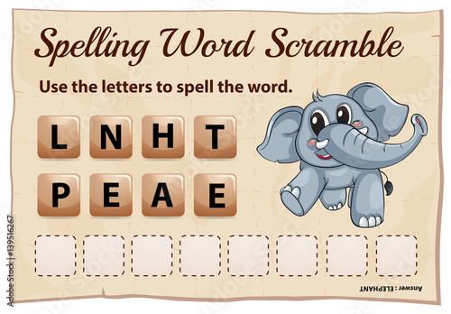 Spelling word scramble game for word elephant