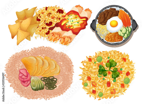 Different kinds of food on white background