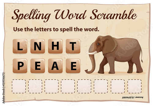 Spelling word scramble game for word elephant