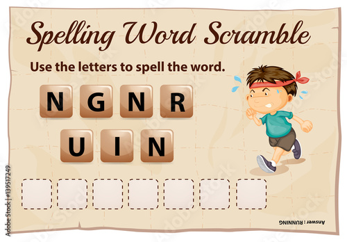 Spelling word scramble game with word running