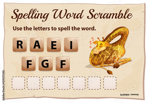 Spelling word game with word giraffe