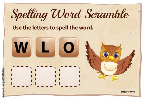 Spelling word scramble game with word owl