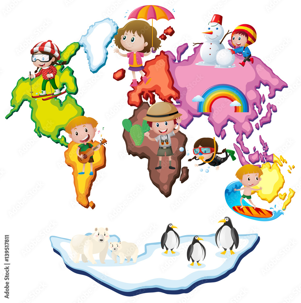 World map with kids and animals World map with kids and animals