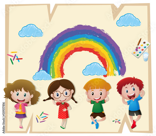 Children and colorful rainbow on paper