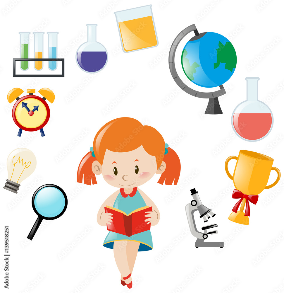 Girl and different objects of science Girl and different objects of science