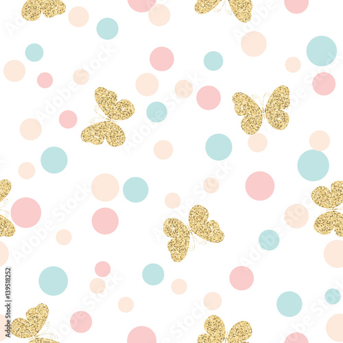 Gold glittering butterflies seamless pattern on pastel colors confetti round dots background.