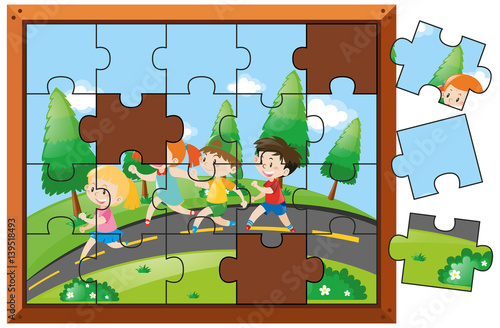Jigsaw puzzle game with kids walking in park