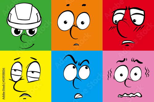 Facial expressions on six color backgrounds