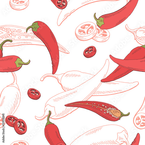 Chilli pepper graphic red color sketch seamless pattern illustration vector