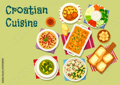 Croatian cuisine lunch icon with seafood and meat
