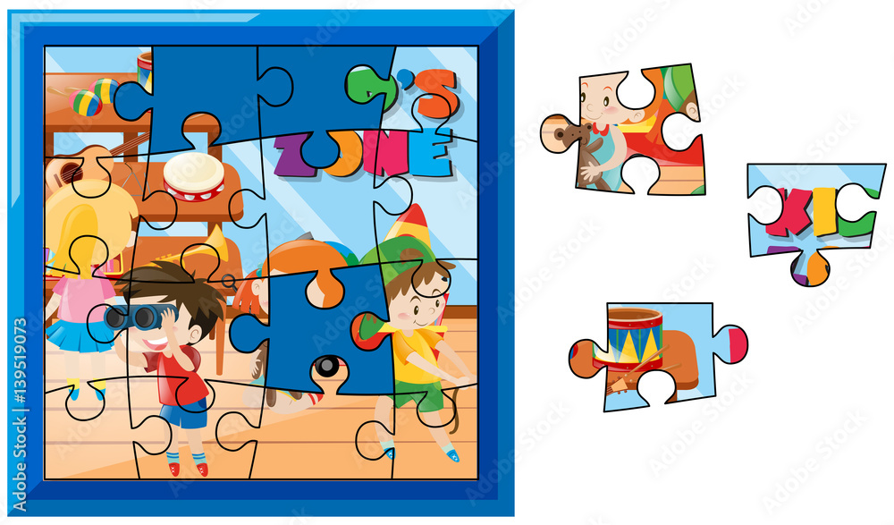 Jigsaw puzzle game with kids playing in the room