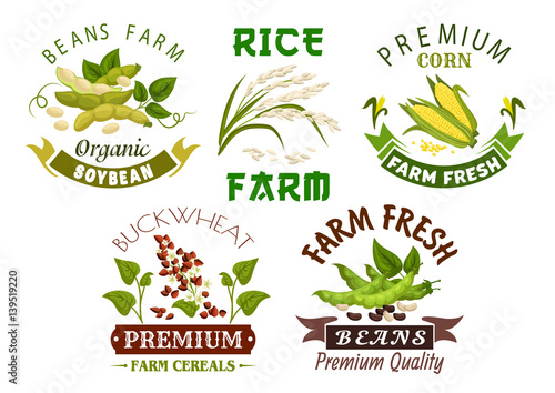 Vegetable, cereal, bean farm emblem set design