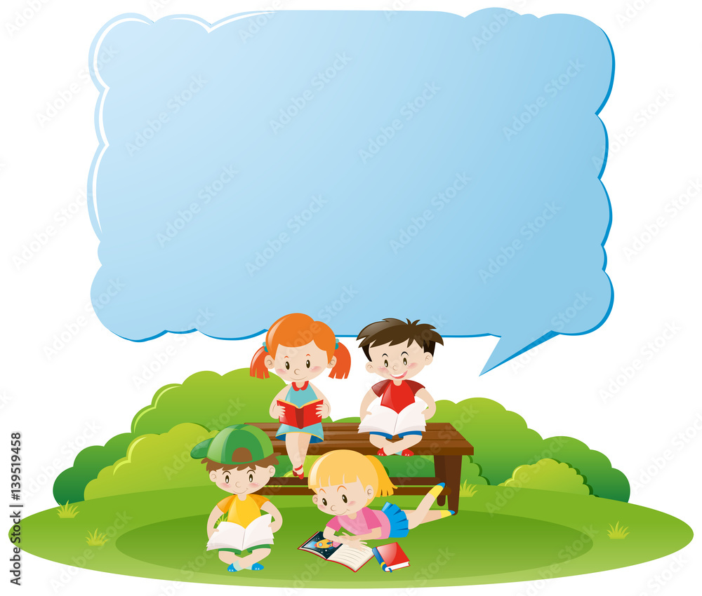Border template with kids reading books in park Border template with kids reading books in park