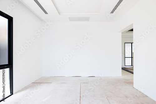 Empty room interior build wall gypsum board white colur and Air conditioner in construction site