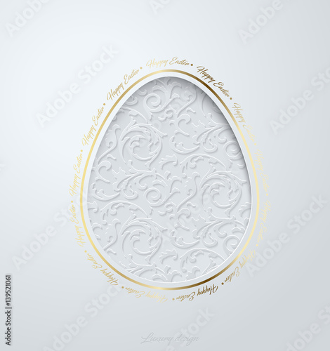 Easter greeting card with caper cut egg floral pattern. White background with golden elegant Happy Easter text around