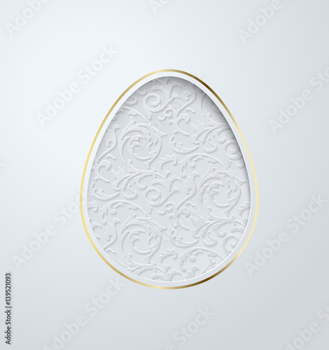 Easter greeting card with caper cut egg floral pattern. White background with golden elegant line around