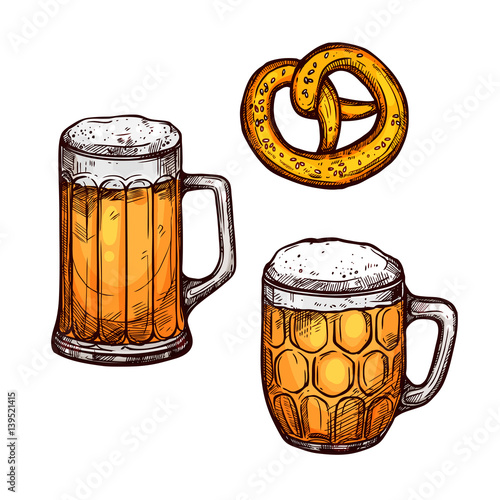 Beer glass and bavarian pretzel isolated sketch