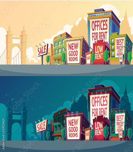 Set vector cartoon illustration of an urban landscape with buildings and a large billboard on the wall.