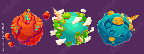 Set of vector cartoon illustrations fantasy alien planets with buildings and other structures on them