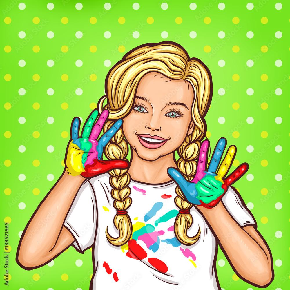 Vector pop art smiling little girl showing palms smeared with paint Vector pop art smiling little girl showing palms smeared with paint