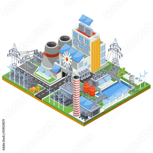Isometric vector illustration of a thermal thermal power plant running on alternative sources of energy.